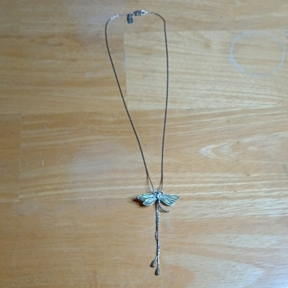 1928 Brand Lariat Style Green Dragonfly Pendent Necklace Silver Tone